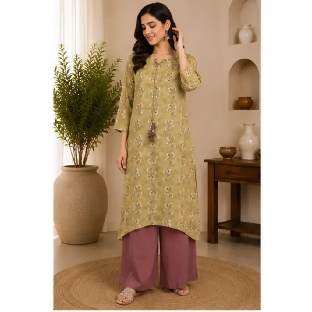 Elegant Olive Green Floral Kurta Palazzo Set