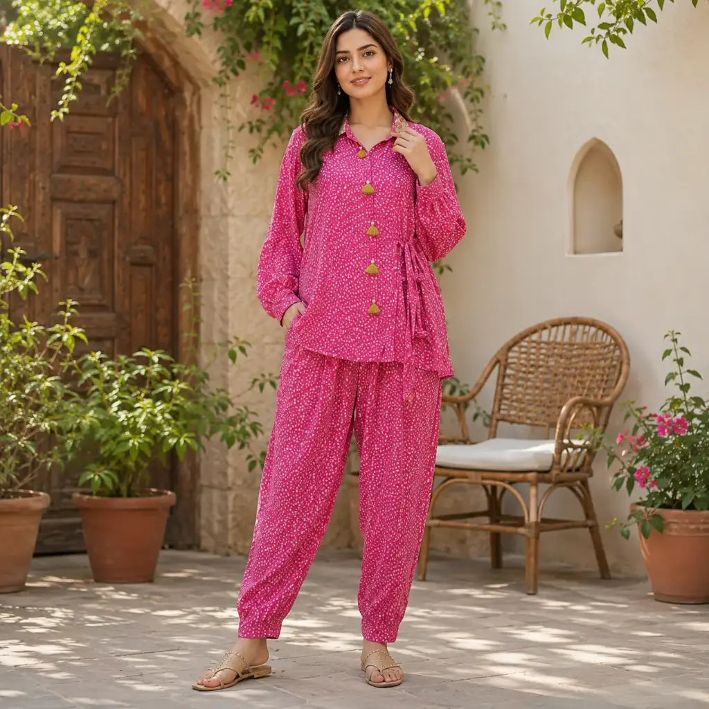 Women's Pink Printed Co-Ord Set with Stylish Long Shirt Top and Comfortable Pant Style Bottom