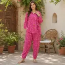 Women's Pink Printed Co-Ord Set with Stylish Long Shirt Top and Comfortable Pant Style Bottom