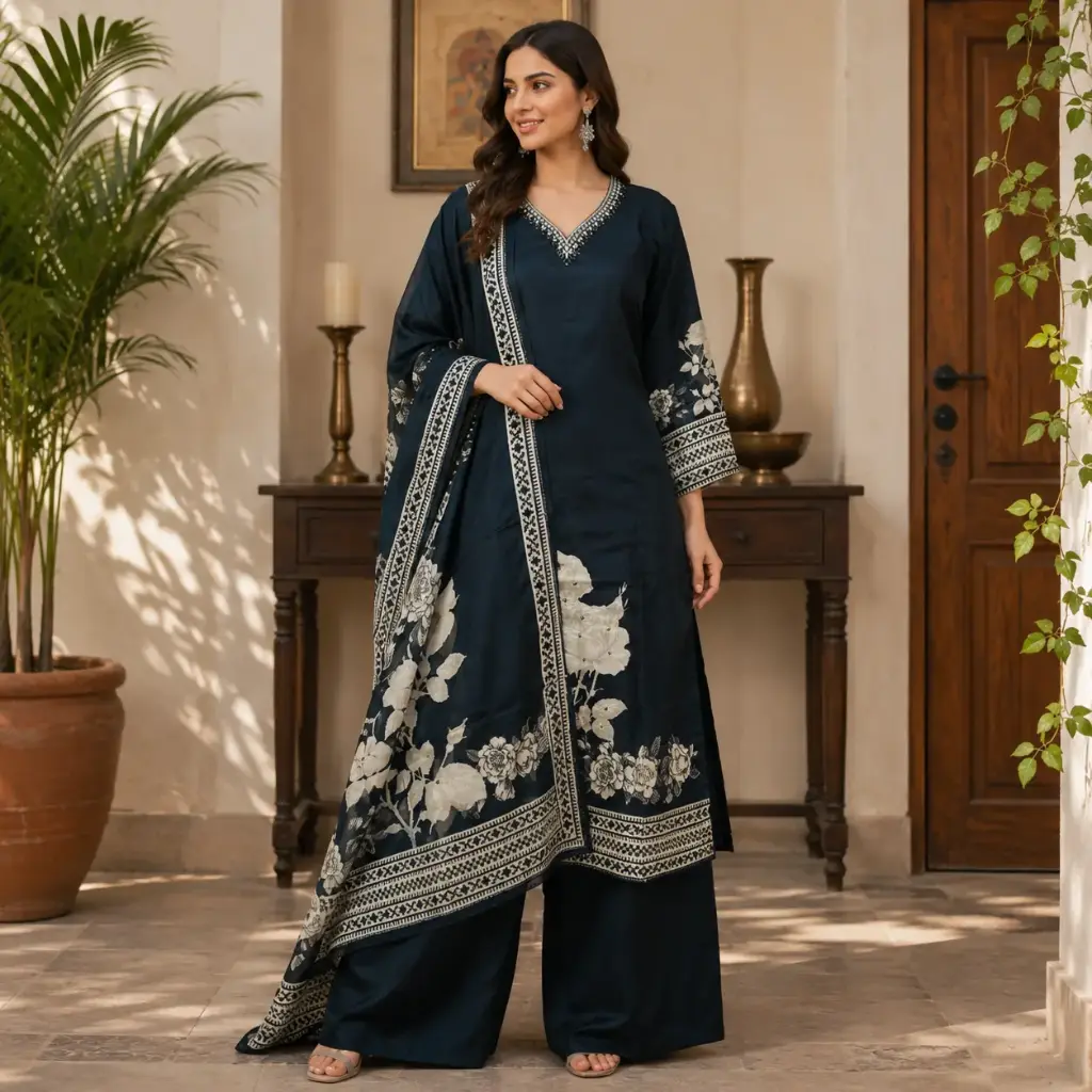 Women's Navy Blue Printed Kurta Palazzo Dupatta Set | Elegant V-Neck Ethnic Suit