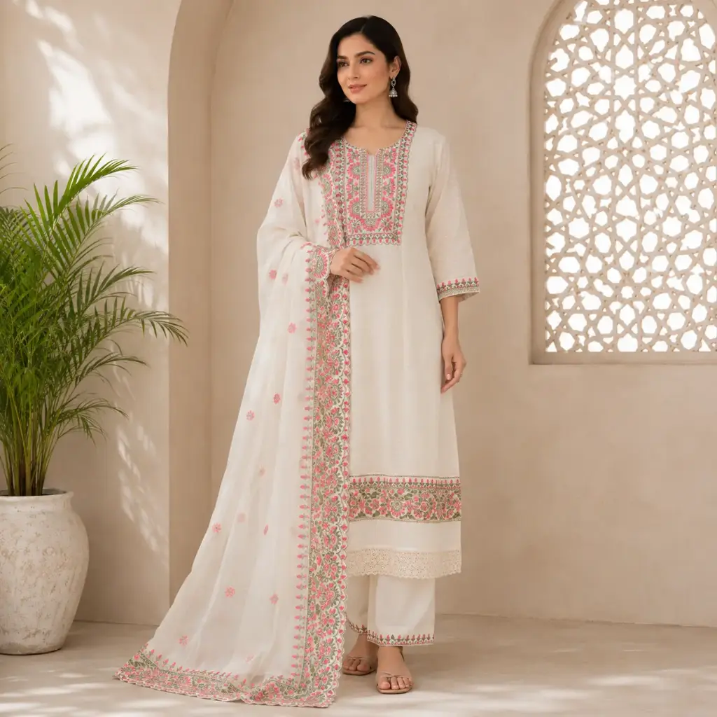 Women's White Embroidered Kurta Pant Dupatta Set | Floral Neck Work Ethnic Suit