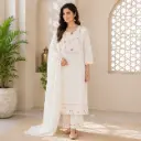 Women's White Floral Embroidered Kurta Pant Dupatta Set