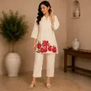 Elegant Cream Floral Co-Ord Set for Women with Embroidered Short Kurti and Straight Pants