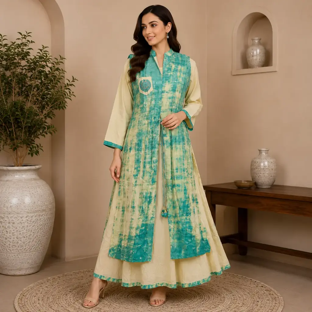 Women's Turquoise Tie-Dye Layered Kurta Set | Elegant Indo Western Ethnic Dress