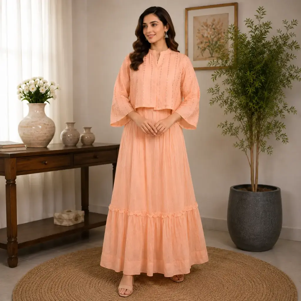 Elegant Peach Layered Co-Ord Set for Women with Embellished Crop Jacket and Flared Maxi Dress