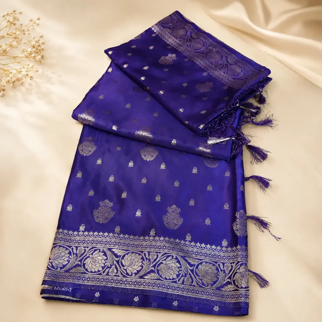 Royal Blue Silk Saree with Silver Zari Floral Border, Buti Motifs & Tassel Pallu