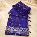 Royal Blue Silk Saree with Silver Zari Floral Border, Buti Motifs & Tassel Pallu