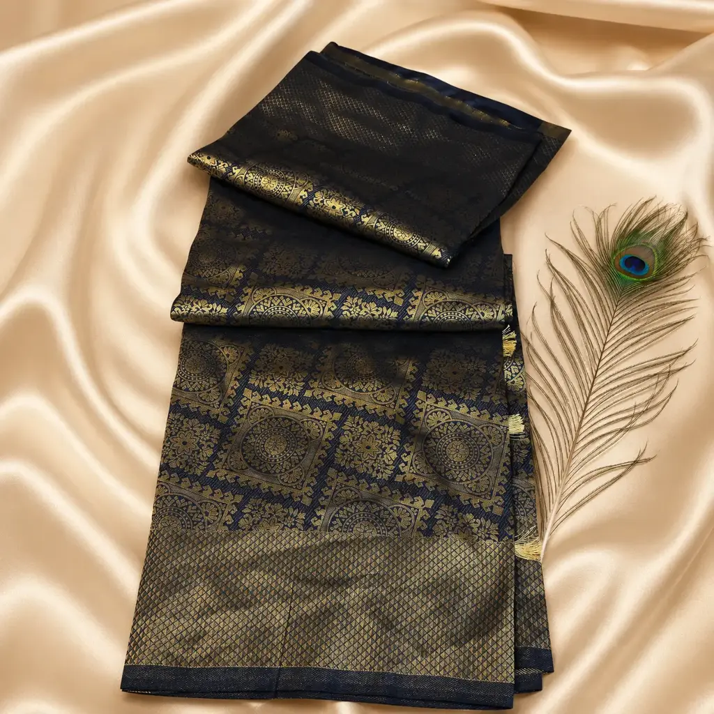 Navy Black Banarasi Silk Saree with Antique Gold Zari Motifs & Peacock Feather Styling