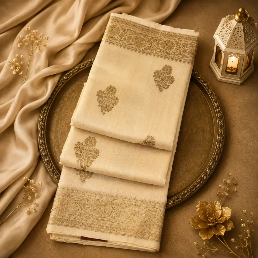 Elegant Champagne Gold Tissue Silk Saree with Woven Floral Buttis