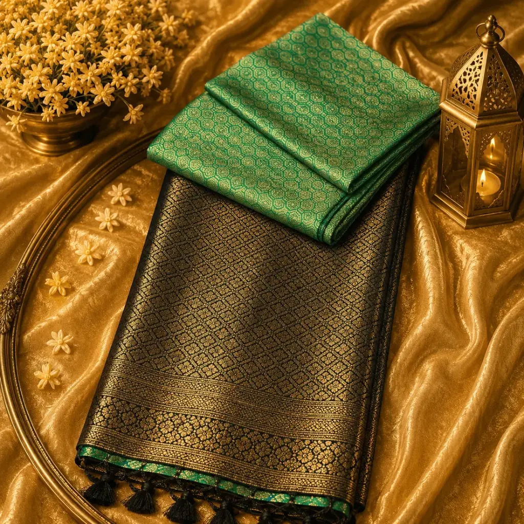 Emerald Green Banarasi Silk Blend Saree with Gold Zari Woven Border