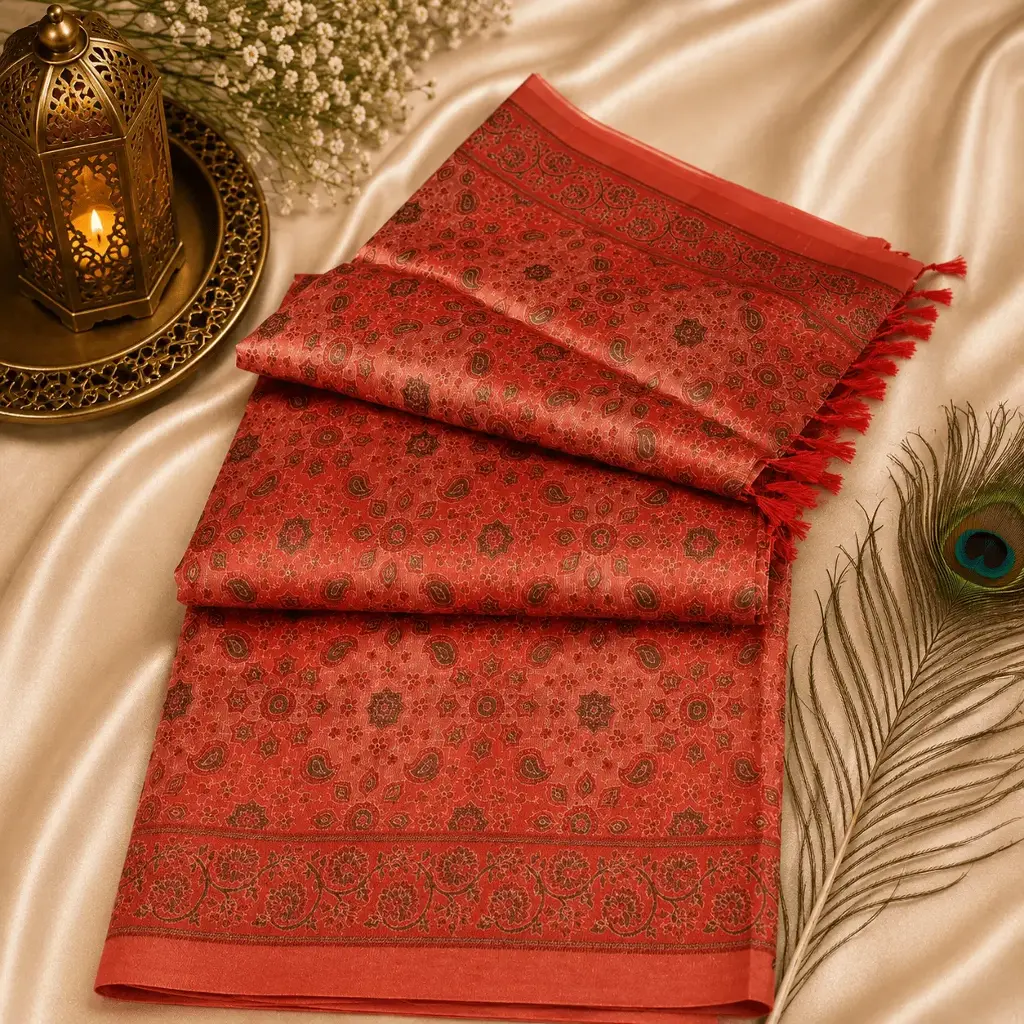Elegant Coral Paisley Printed Saree with Tassel Border