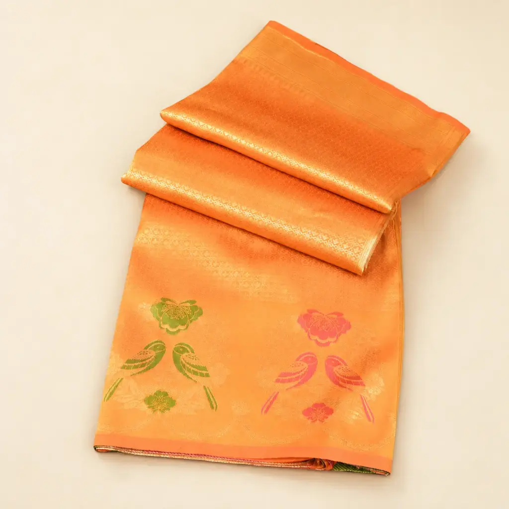 Orange Gold Banarasi Style Saree with Bird Floral Motifs
