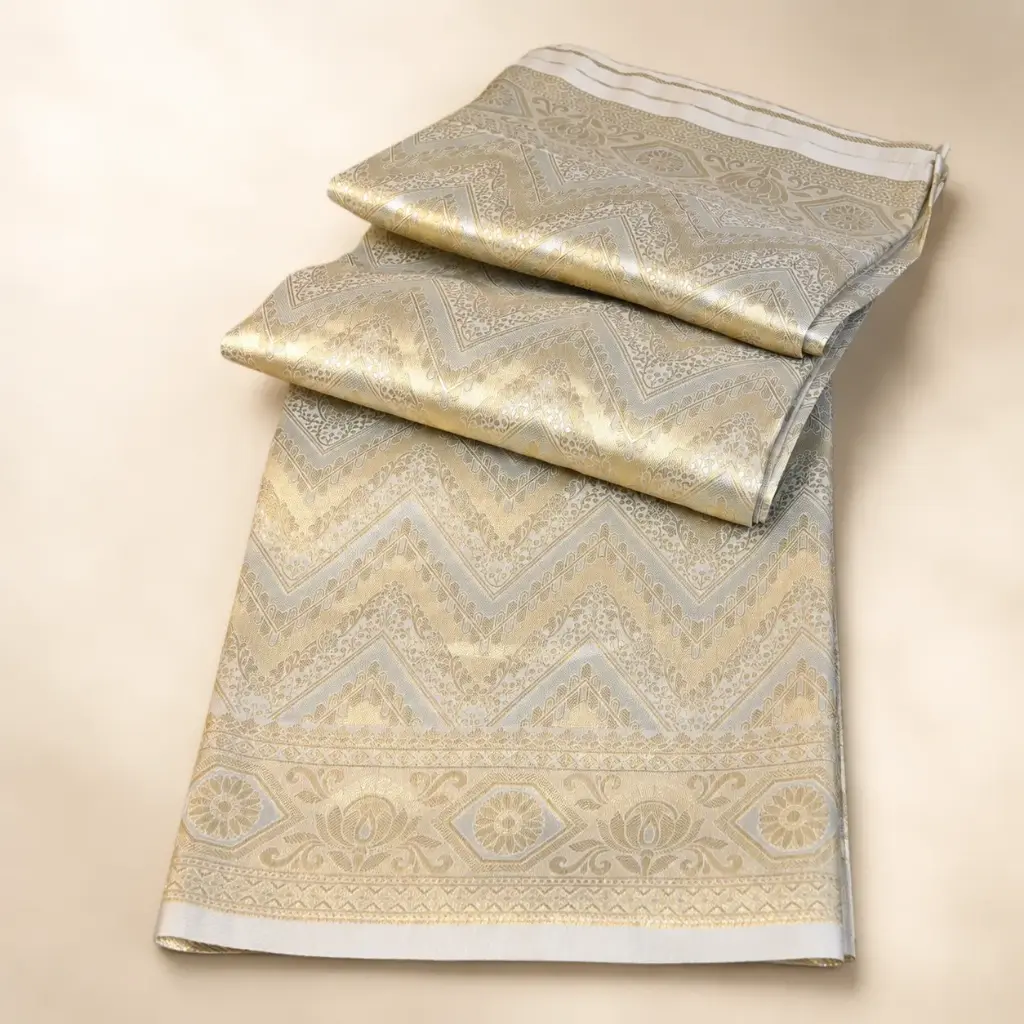 Cream Gold Banarasi Style Saree with Chevron Zari Weave and Lotus Border