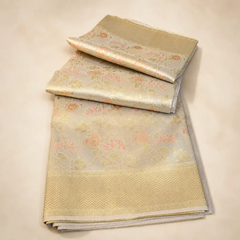 Champagne Gold Banarasi Style Saree with Floral Zari Weave and Elegant Border