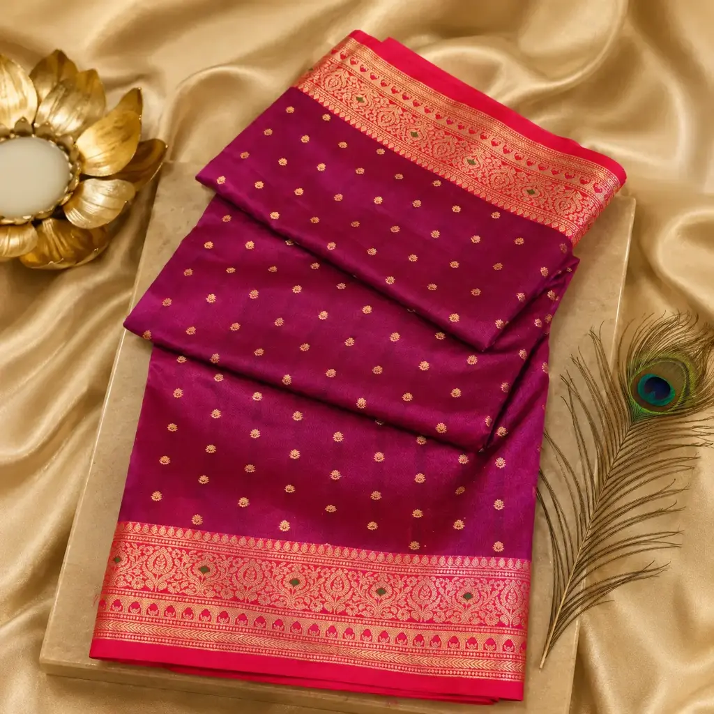 Royal Magenta Banarasi Silk Saree with Gold Zari Buta & Rich Woven Border
