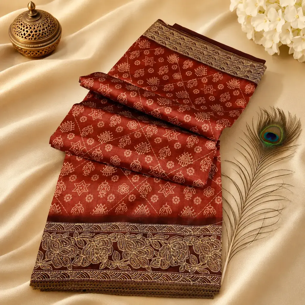 Elegant Maroon Printed Cotton Saree with Designer Woven Border