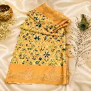 Elegant Peach Floral Printed Silk Blend Saree with Woven Border & Tassels