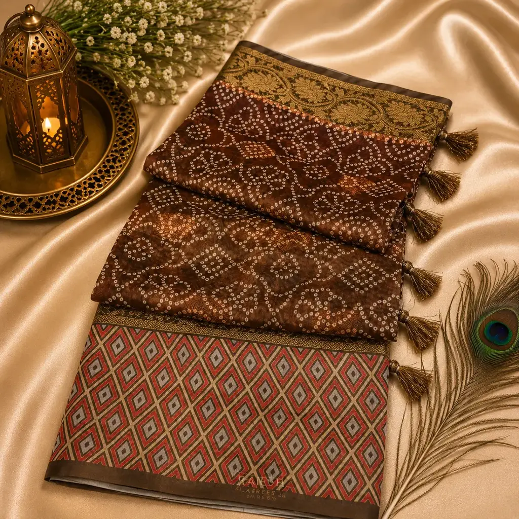 Elegant Brown Bandhani Print Saree with Geometric Border & Tassels