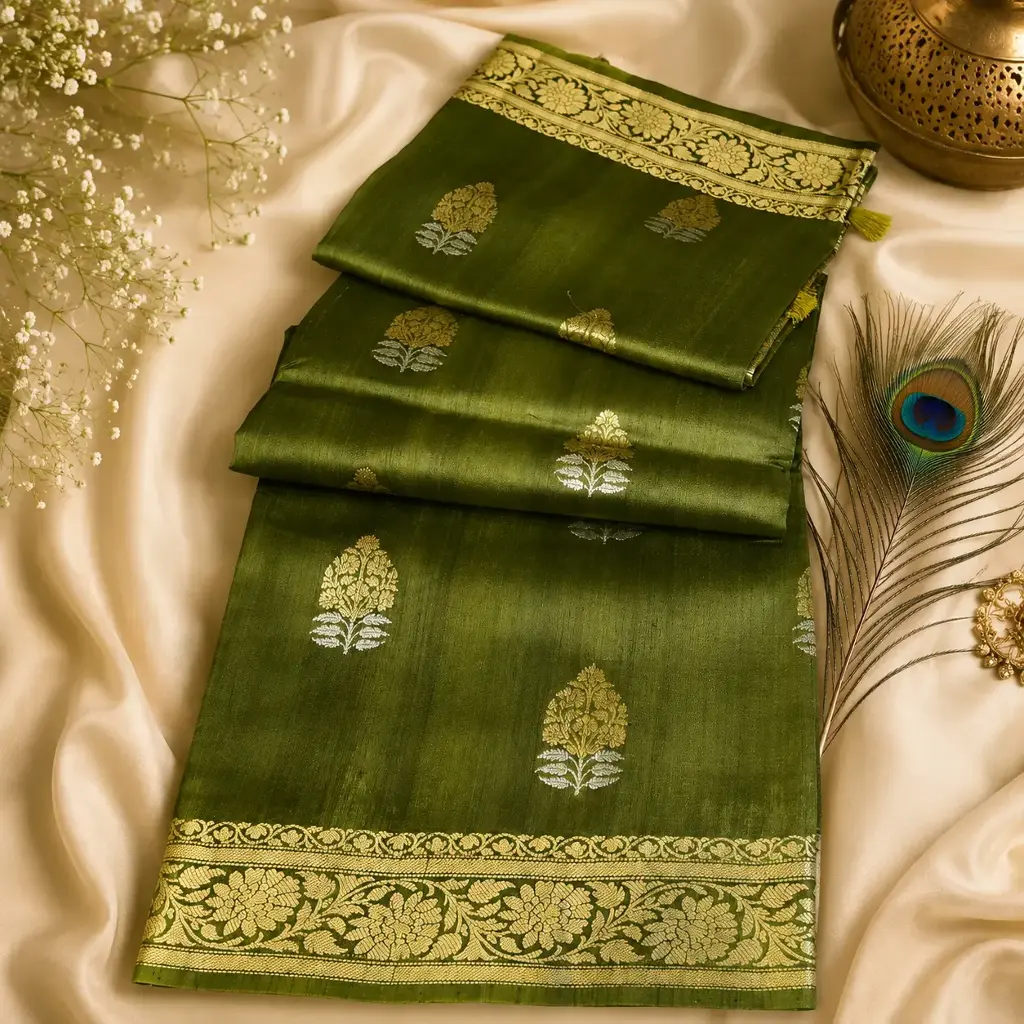 Olive Green Silk Blend Saree with Gold Floral Zari Border & Buti Design