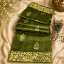 Olive Green Silk Blend Saree with Gold Floral Zari Border & Buti Design