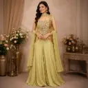 Women's Pastel Lime Green Embroidered Sharara Set with Floral Printed Kurta & Dupatta
