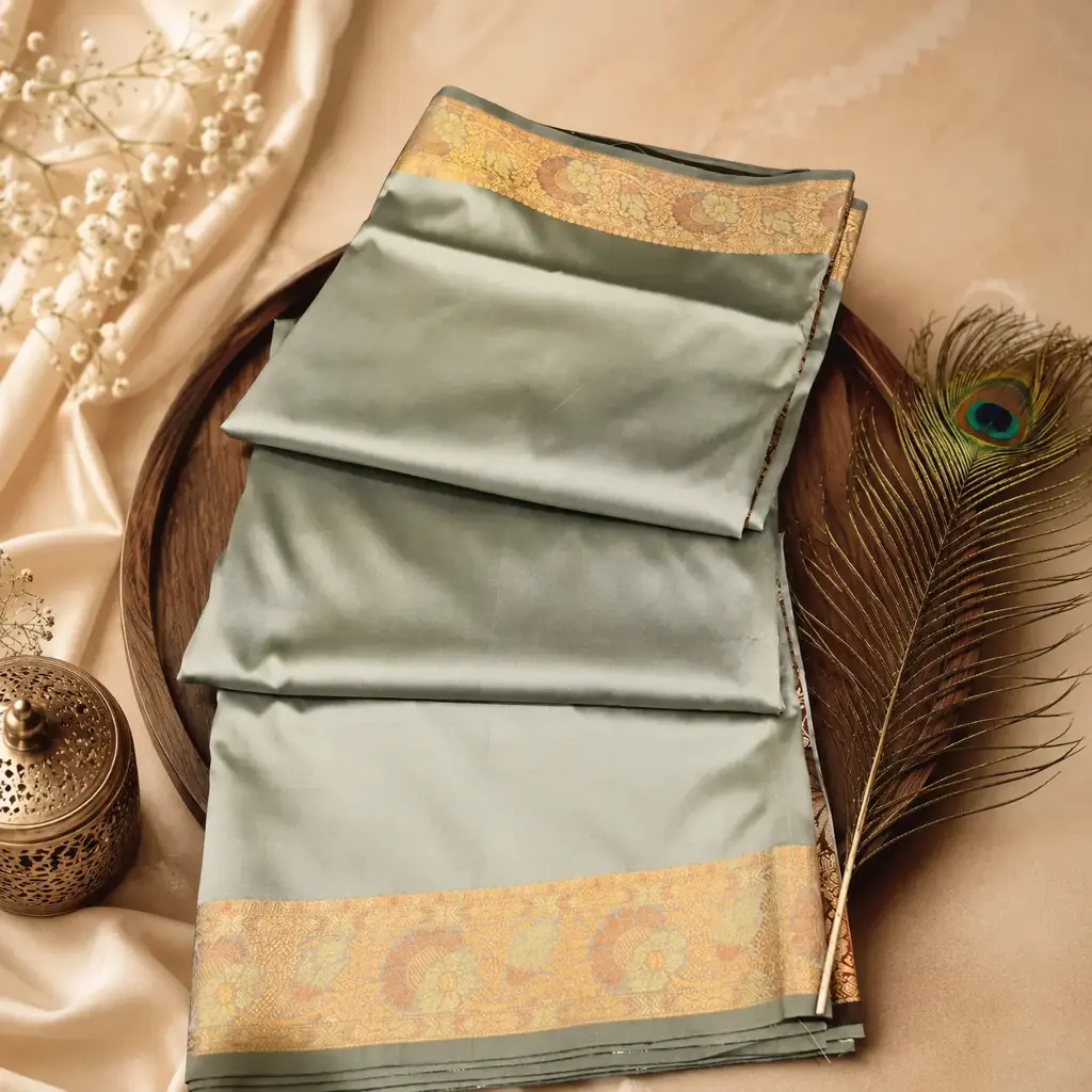 Silver Grey Banarasi Silk Saree with Rose Gold Zari Border