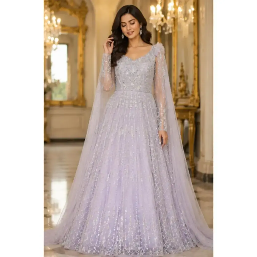 Women's Lavender Embroidered Evening Gown with Sequin Work, Designer Party Wear Long Dress