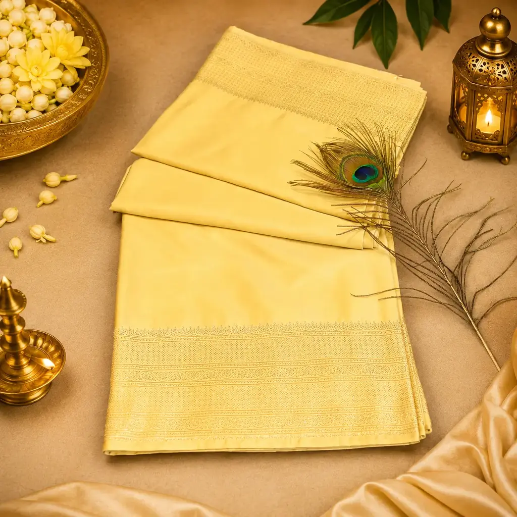Light Yellow Silk Saree with Gold Woven Border & Peacock Feather Accent