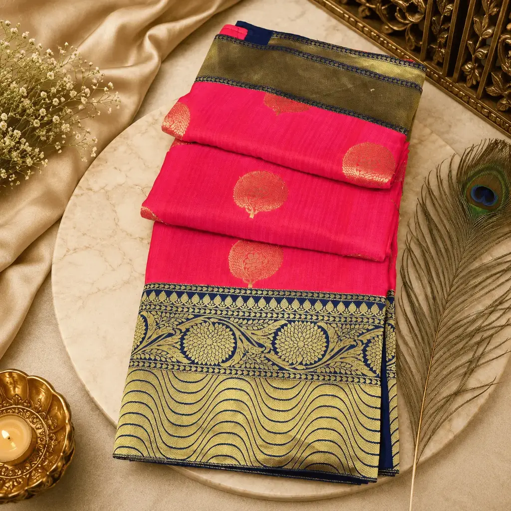 Women's Hot Pink Silk Blend Saree with Navy Blue & Gold Zari Border