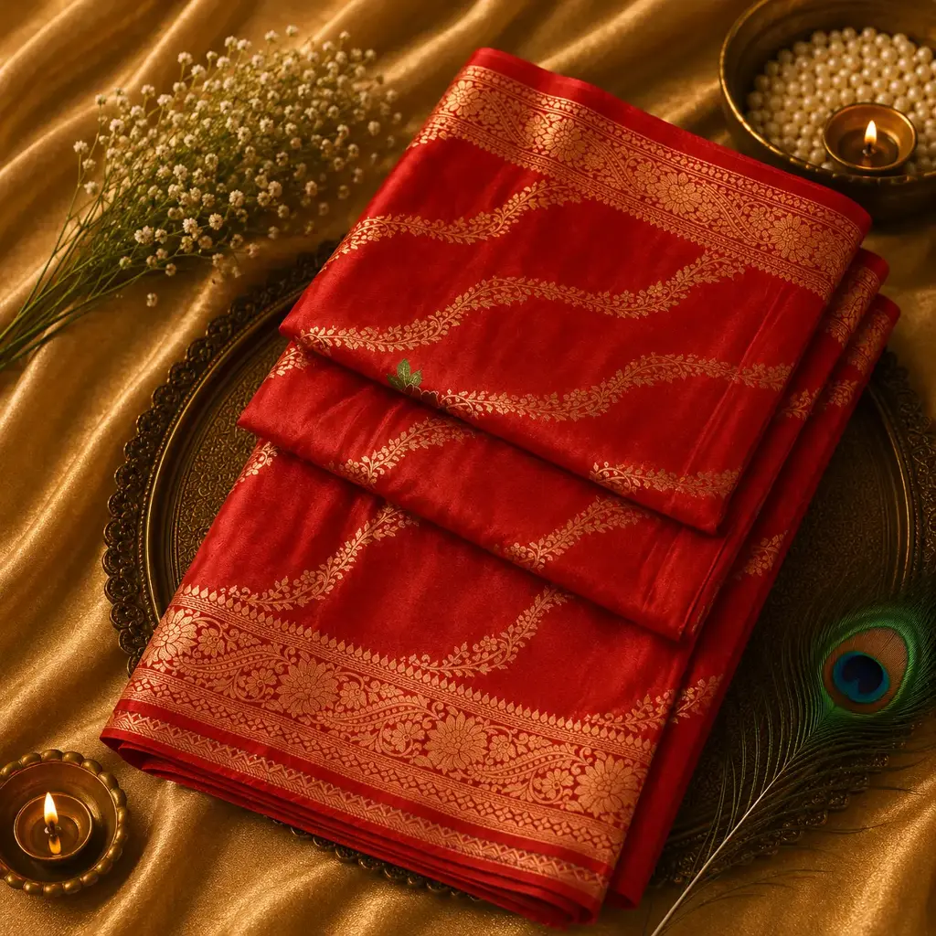 Coral Red Banarasi Silk Saree with Gold Floral Zari Weaving & Rich Border