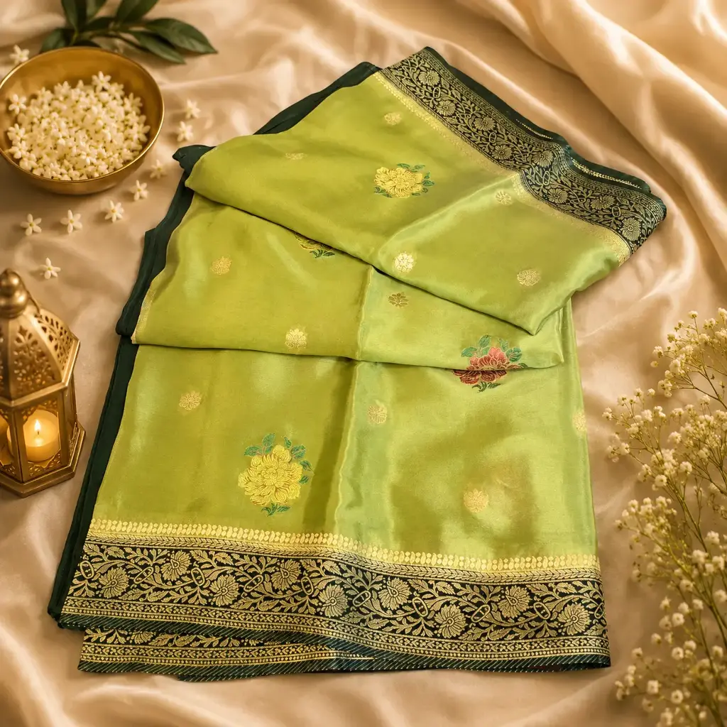 Elegant Lime Green Banarasi Silk Saree with Floral Buttis & Rich Black Zari Border