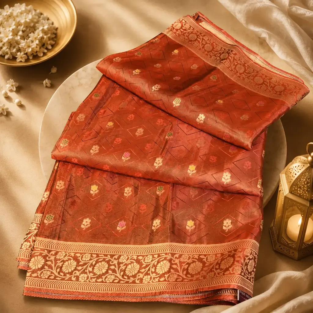 Elegant Copper Brown Banarasi Silk Saree with Floral Buttis & Rich Zari Border