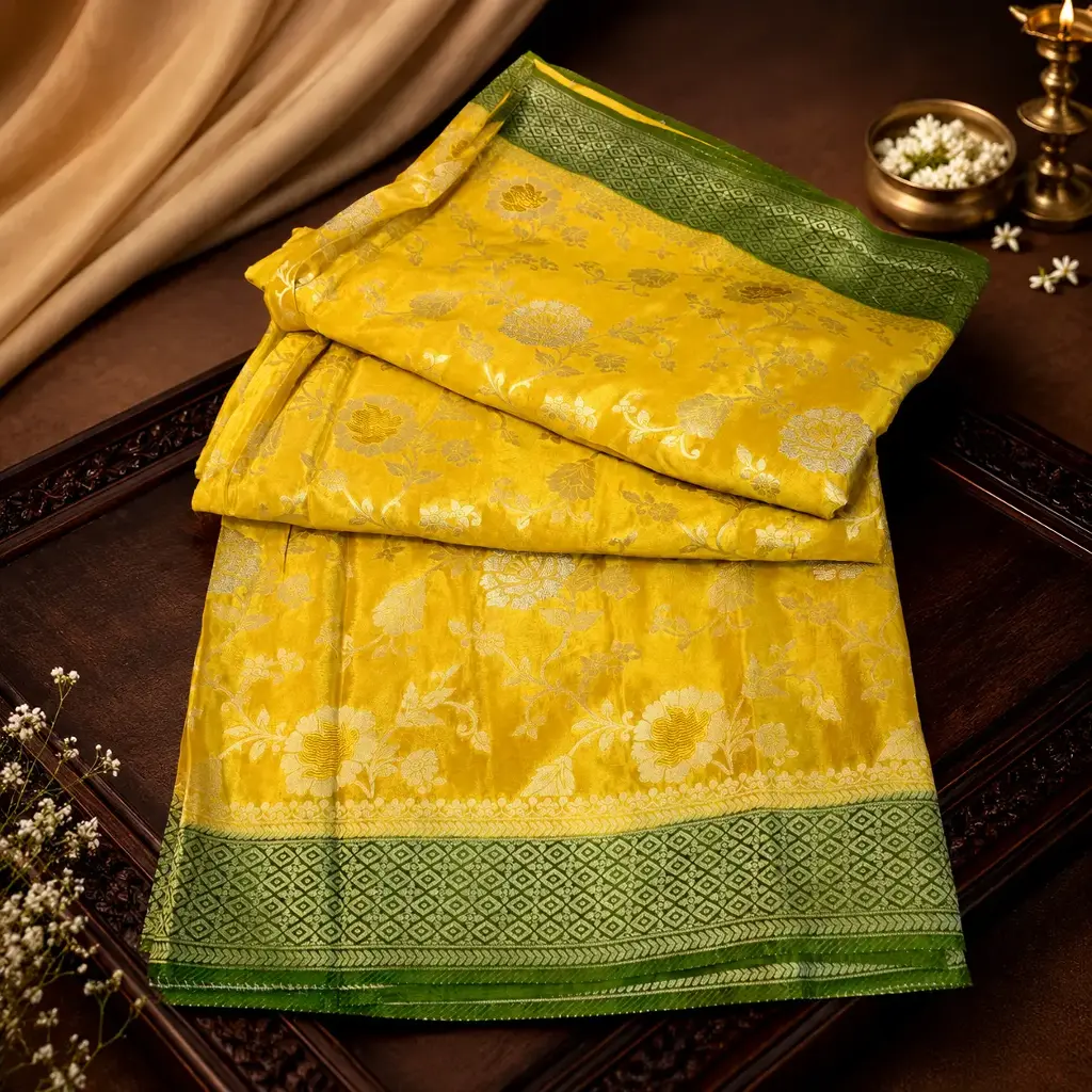 Premium Mustard Yellow Banarasi Silk Saree with Silver Floral Zari & Green Border