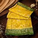 Premium Mustard Yellow Banarasi Silk Saree with Silver Floral Zari & Green Border