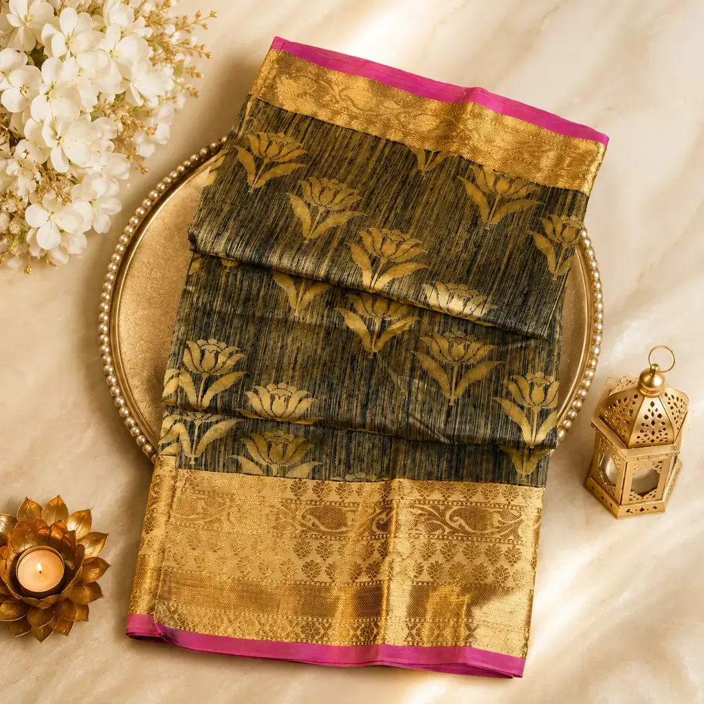 Elegant Black & Gold Banarasi Silk Saree with Pink Border
