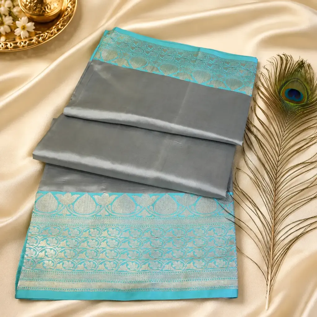 Elegant Silver Grey Silk Saree with Aqua Blue Zari Border