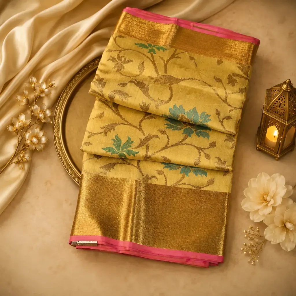 Golden Tissue Silk Saree with Blue Floral Weaving, Rich Zari Border