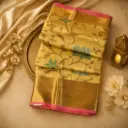Golden Tissue Silk Saree with Blue Floral Weaving, Rich Zari Border