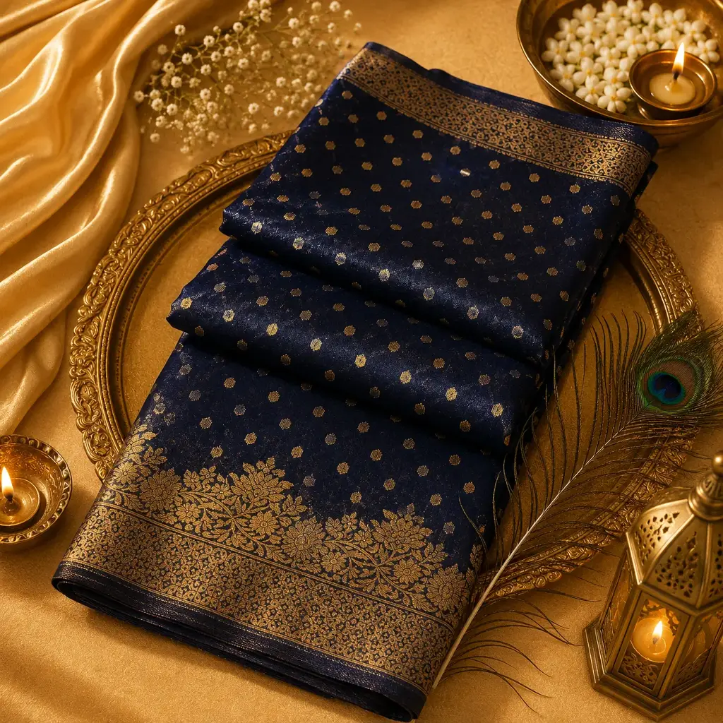 Elegant Navy Blue Banarasi Silk Saree with Gold Zari Polka Butis & Floral Border