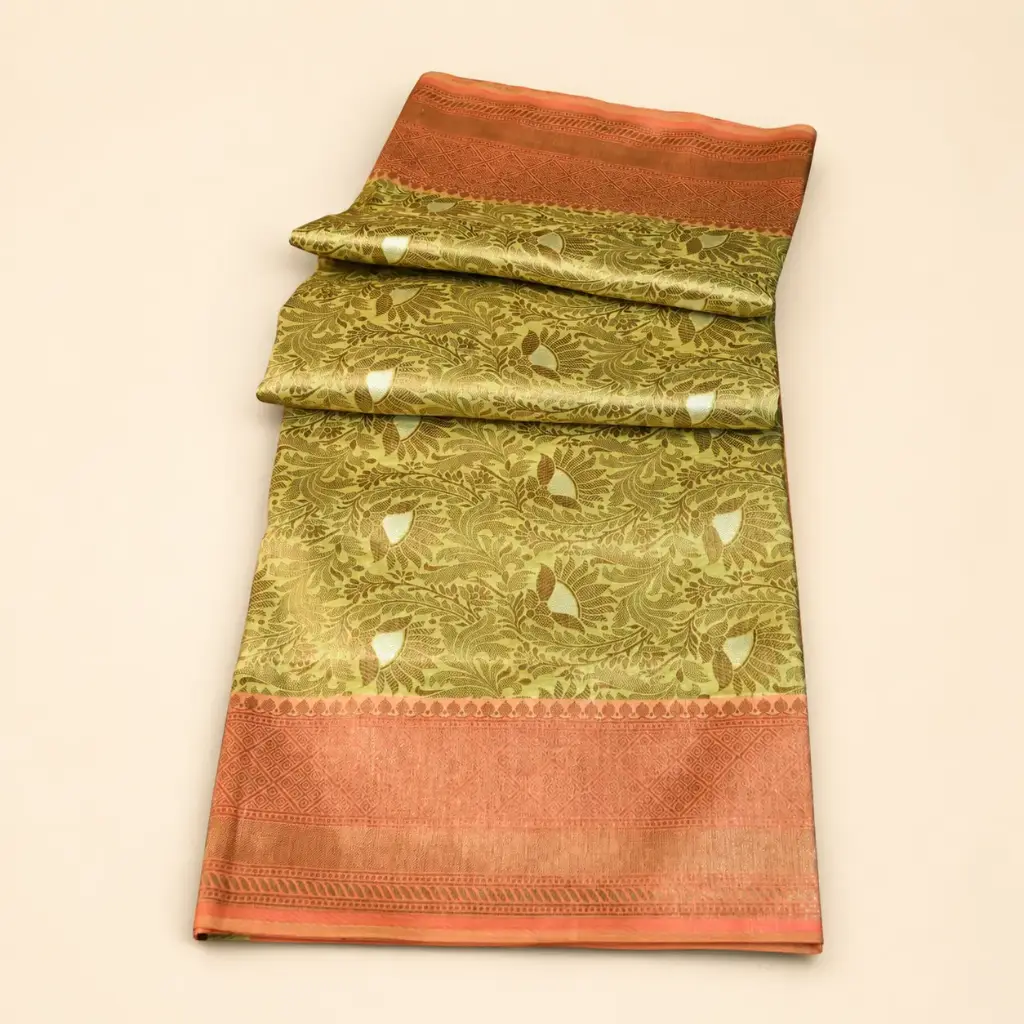 Olive Gold Banarasi Style Saree with Peach Zari Border Festive Wedding Party Wear Women Ethnic Looks 