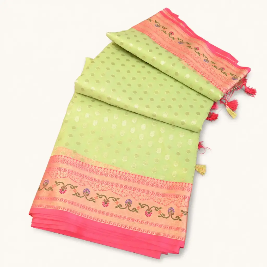 Pastel Green Banarasi Silk Saree with Pink Zari Border, Floral Pallu 