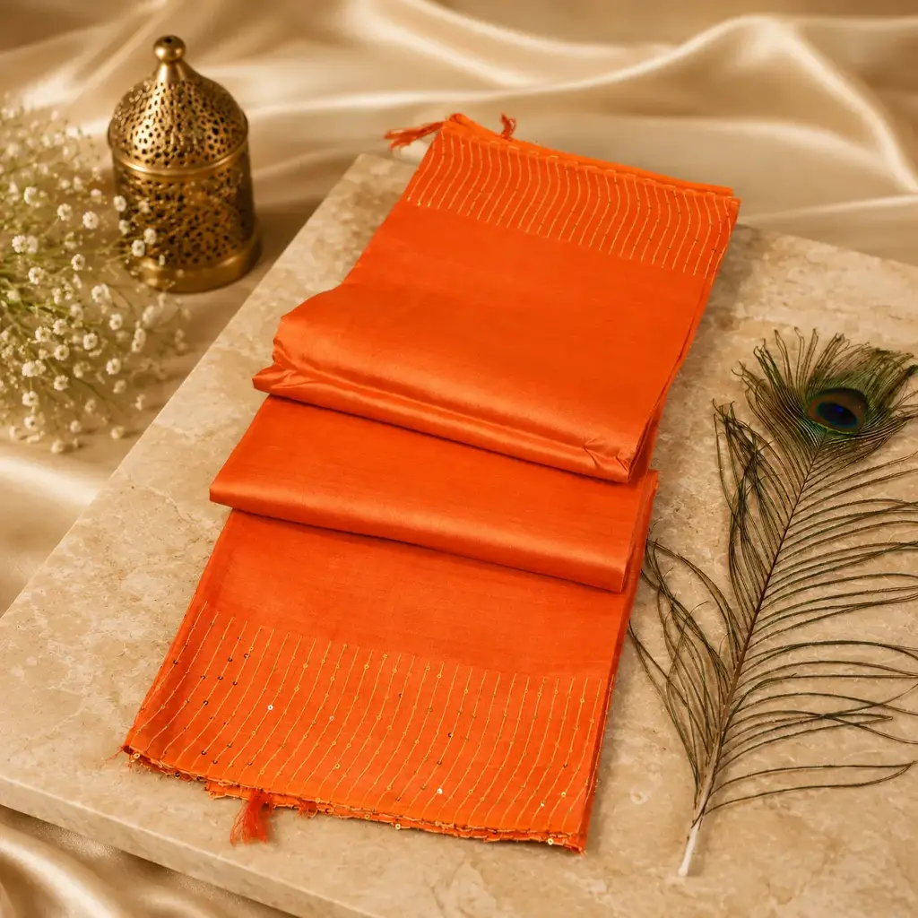 Elegant Coral Orange Linen Silk Saree with Sequin Stripes & Tassel Pallu