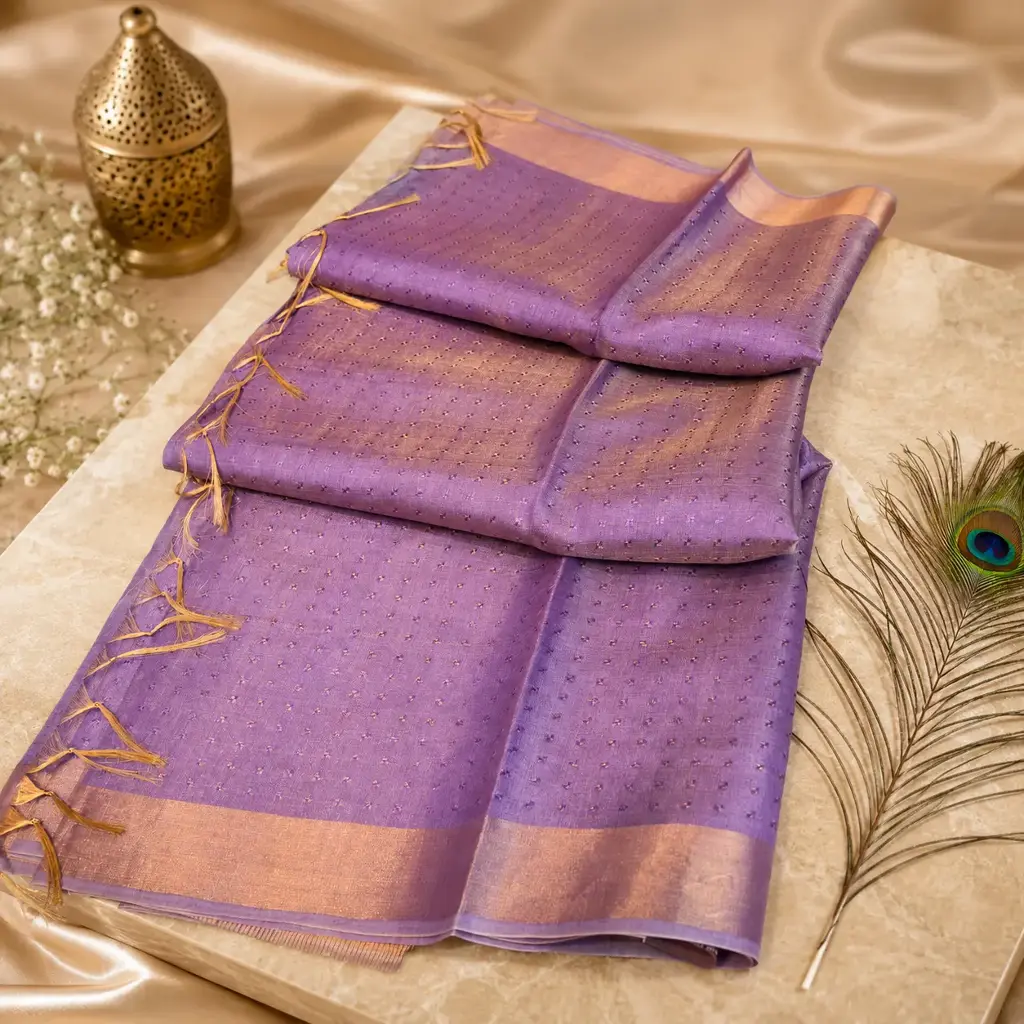 Elegant Lavender Linen Silk Saree with Gold Woven Dots, Zari Border & Tassel Pallu