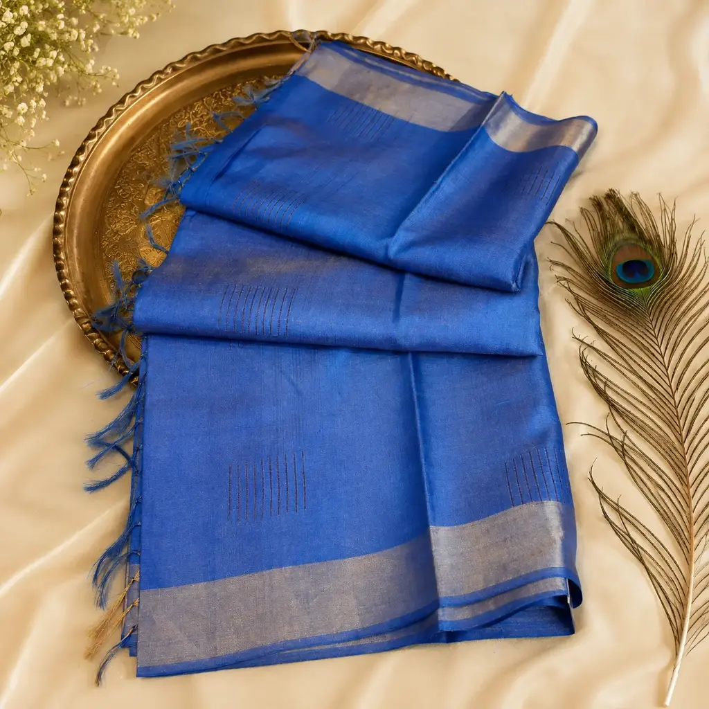 Royal Blue Linen Silk Saree with Silver Border & Tassel Pallu