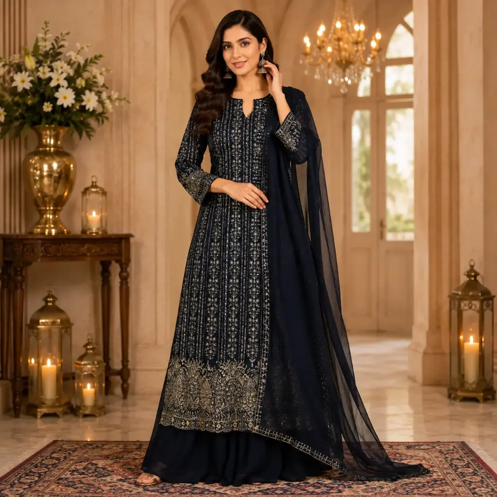 Women's Navy Blue Embroidered Palazzo Set with Dupatta | Ethnic Party Wear Suit Set