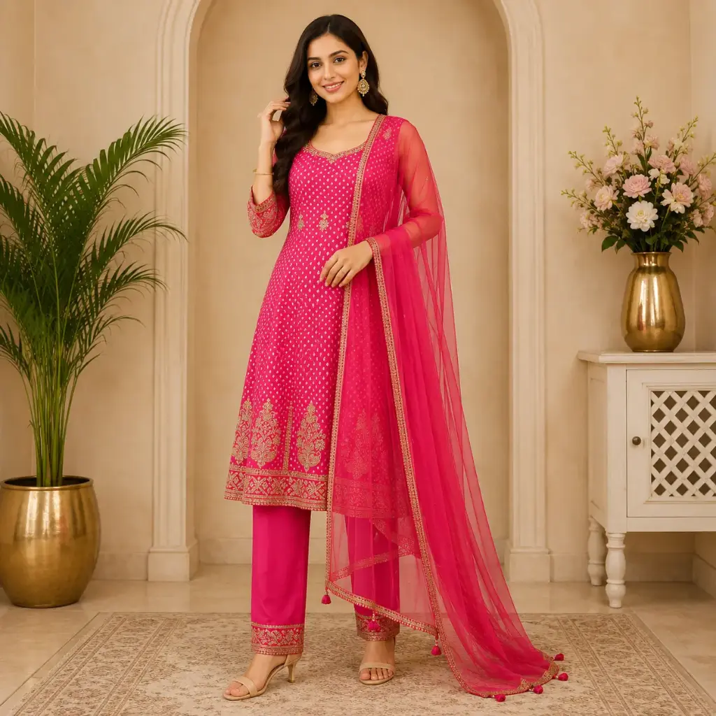 Women's Hot Pink Embroidered Straight Kurta Pant Set with Net Dupatta