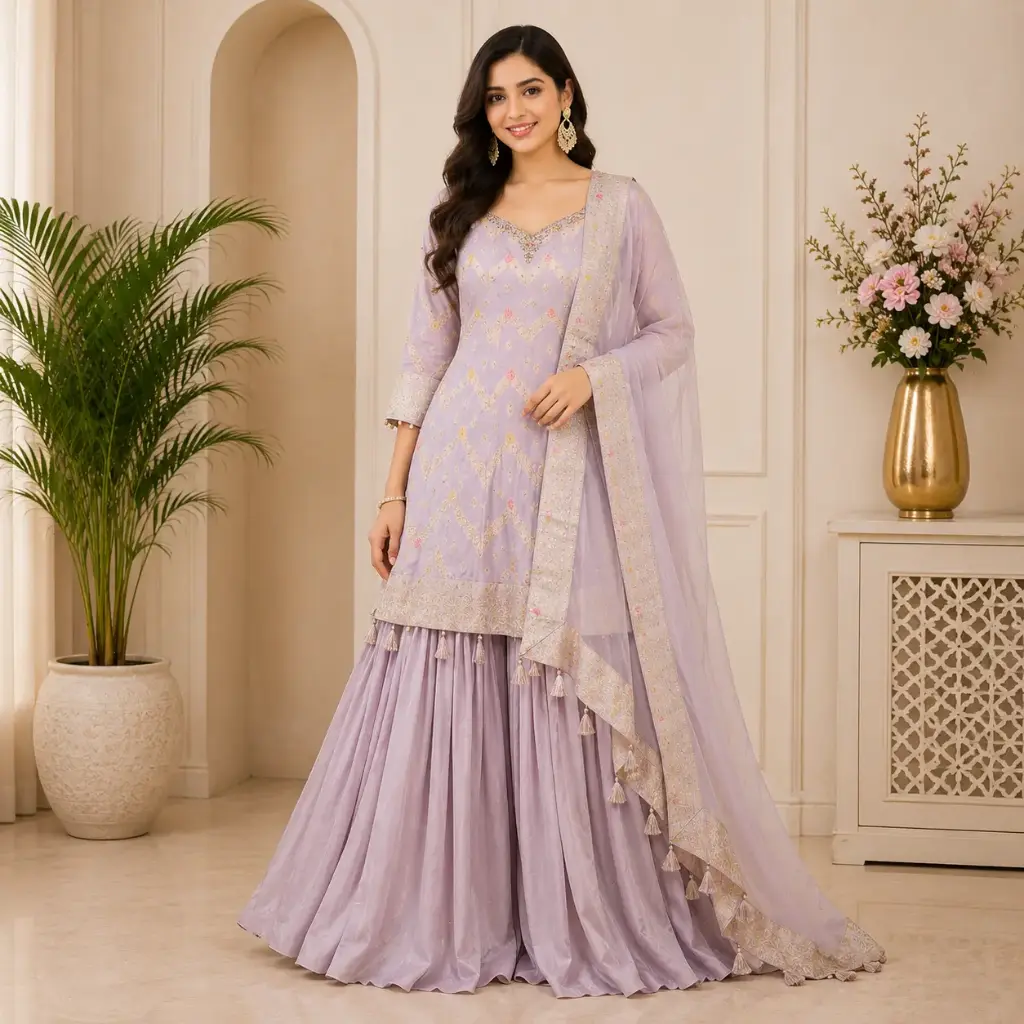 Women's Lavender Embroidered Sharara Set with Dupatta