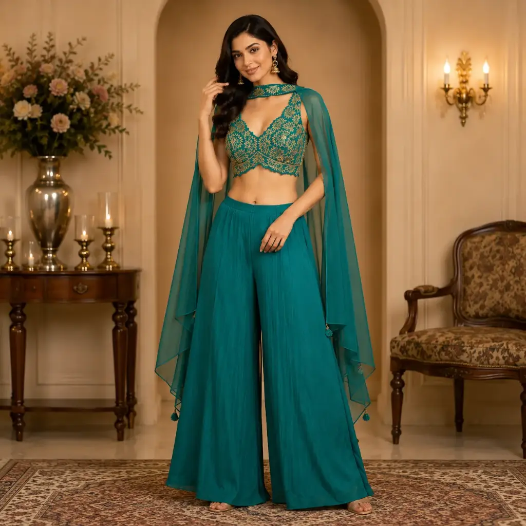 Designer Teal Palazzo Set for Women with Embroidered Crop Top