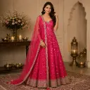 Women's Hot Pink Embroidered Anarkali Suit Set with Dupatta