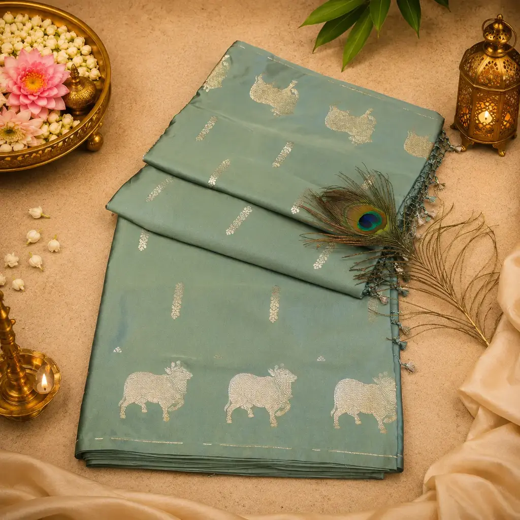 Sage Green Silk Saree with Silver Bull Motifs, Tassel Edge & Woven Border